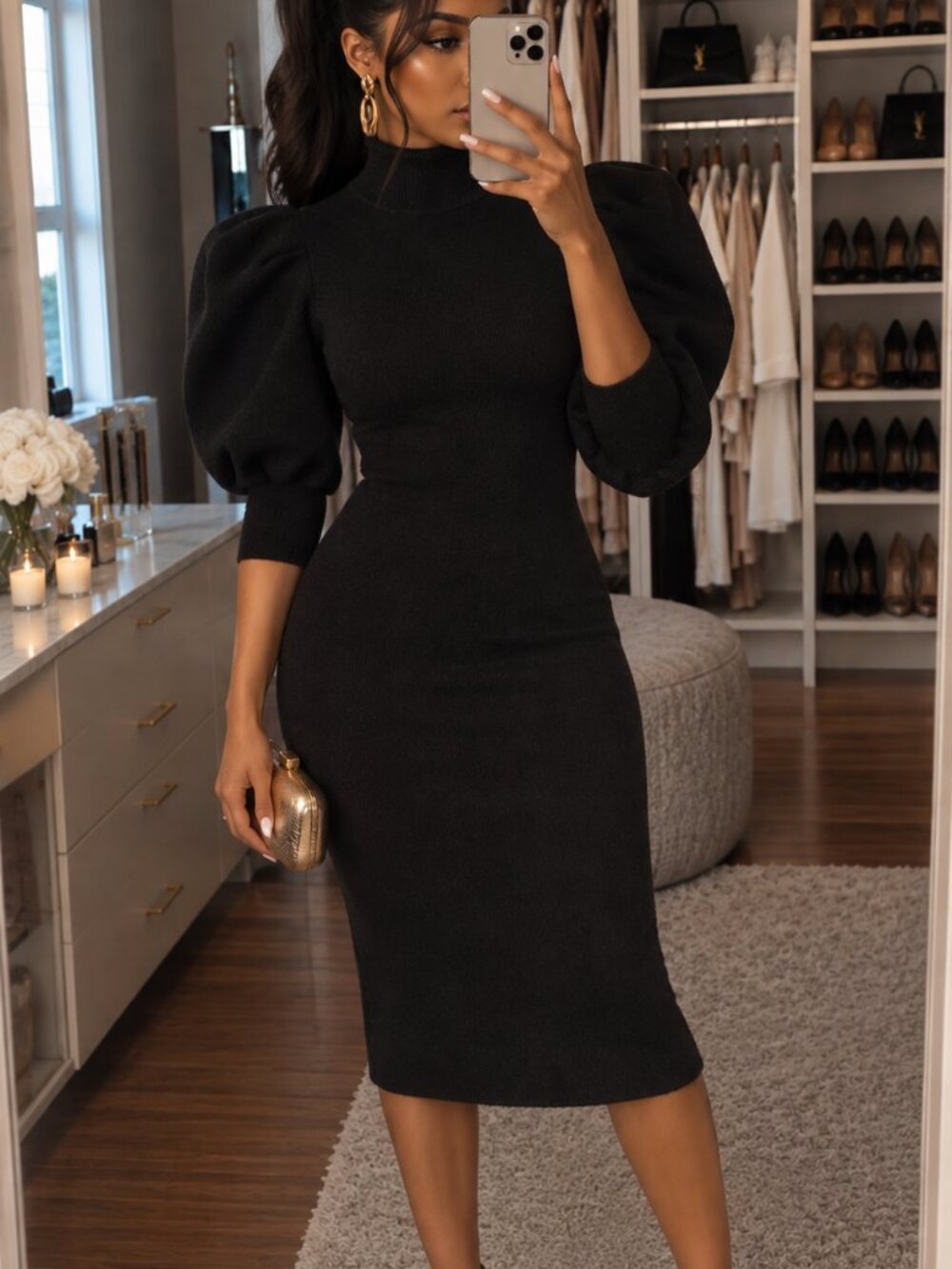 Fashion Nova Black Puff-Sleeve Midi Dress